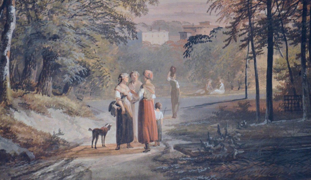 Louis Gadbois 1770-1826. " Femmes conversant dans un paysage avec sculpture."-photo-3
