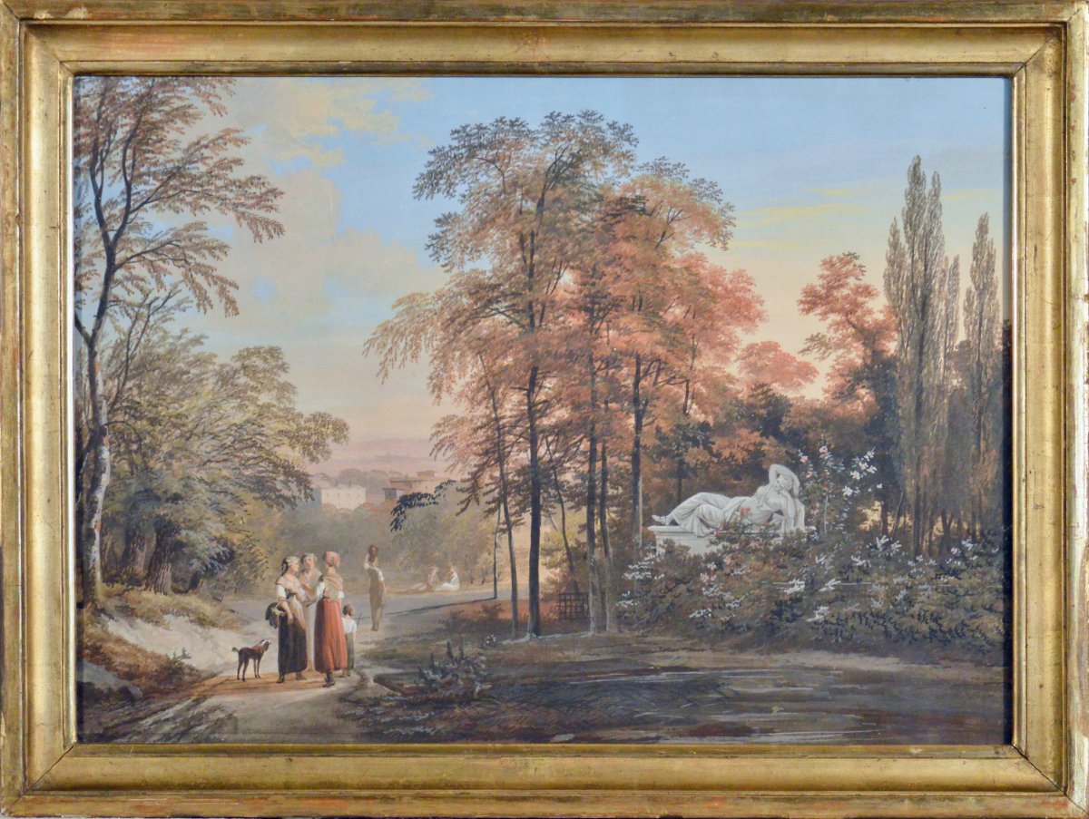 Louis Gadbois 1770-1826. " Femmes conversant dans un paysage avec sculpture."