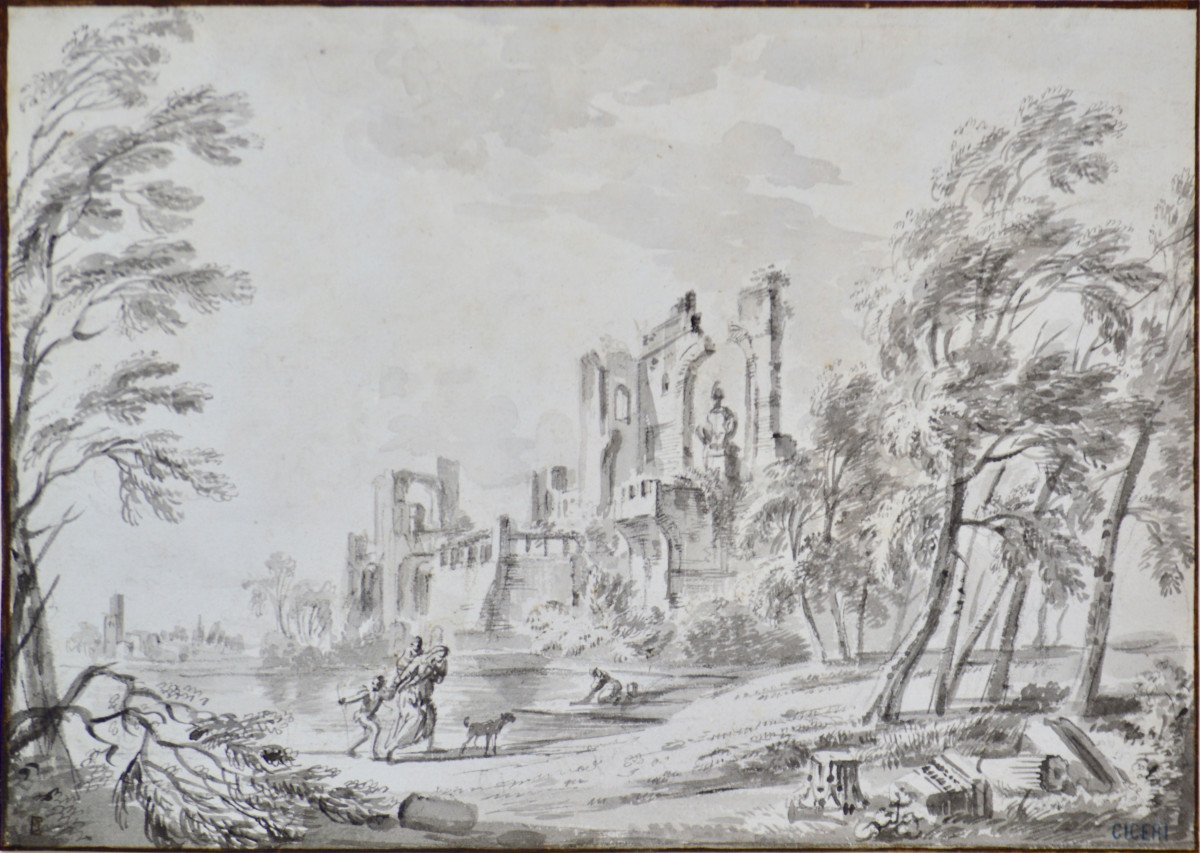 Jean-Baptiste Lallemand 1716-1803. "Paysage animé avec ruines."