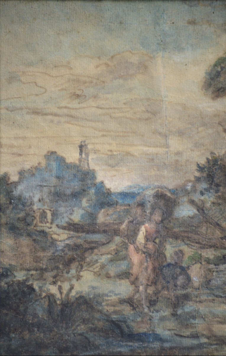 École Française vers 1700. "Personnages dans un paysage."-photo-3