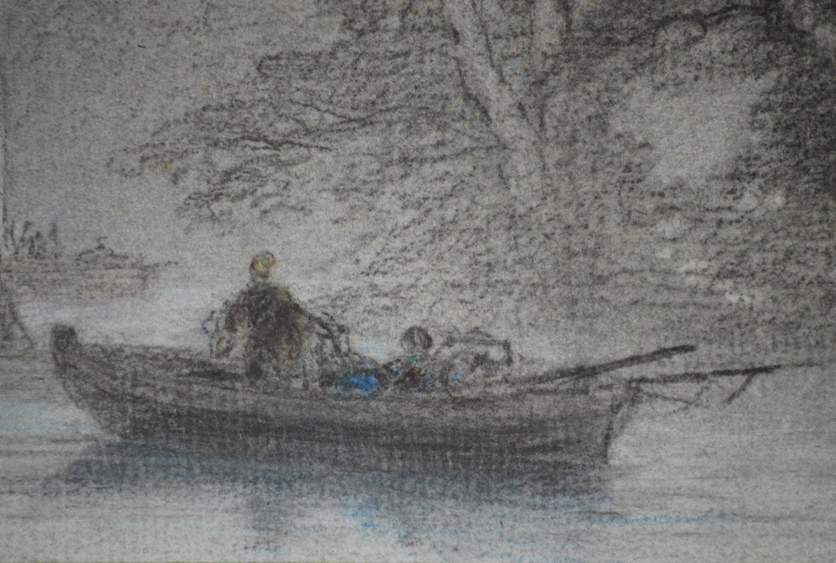 Fortuné Férogio 1805-1888. "Bateaux de pêches en rivière."-photo-4