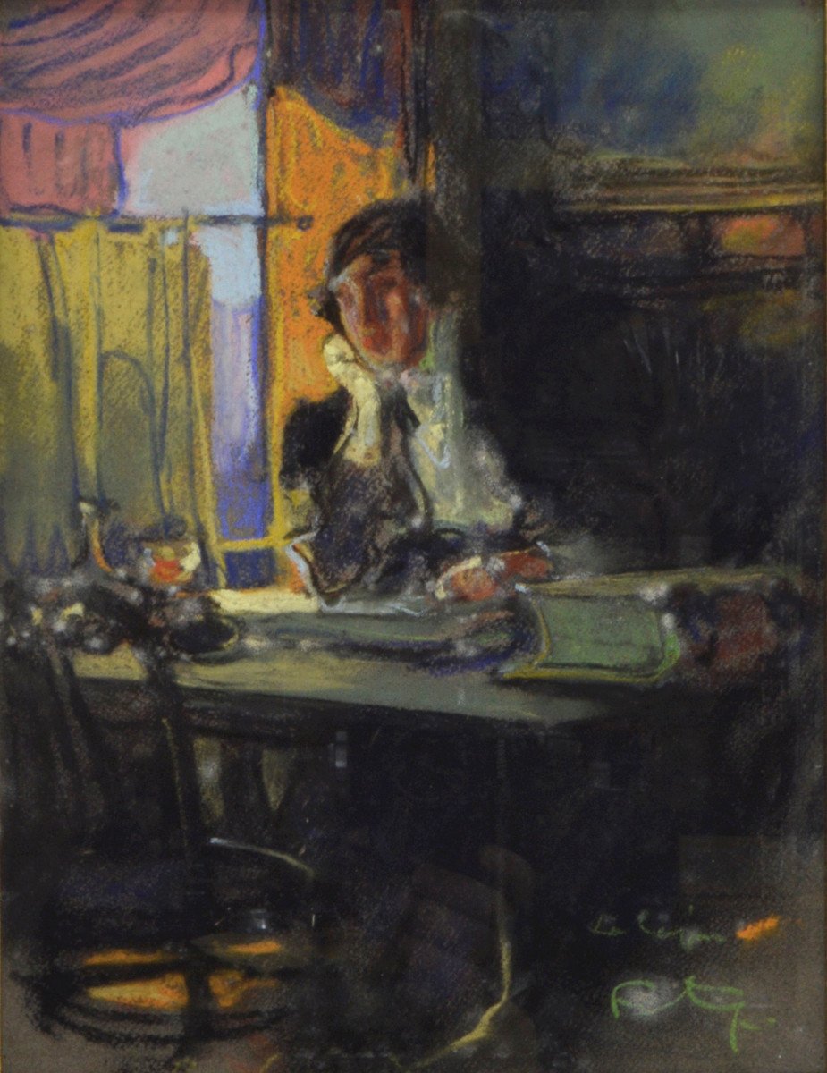 Louis Fortuney 1875-1951. "Femme lisant dans un café."-photo-2