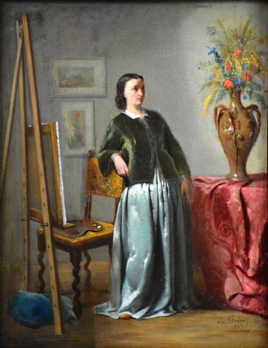 Adolphe Stache 1823-1862. École Belge. "Femme peintre dans son atelier."-photo-2