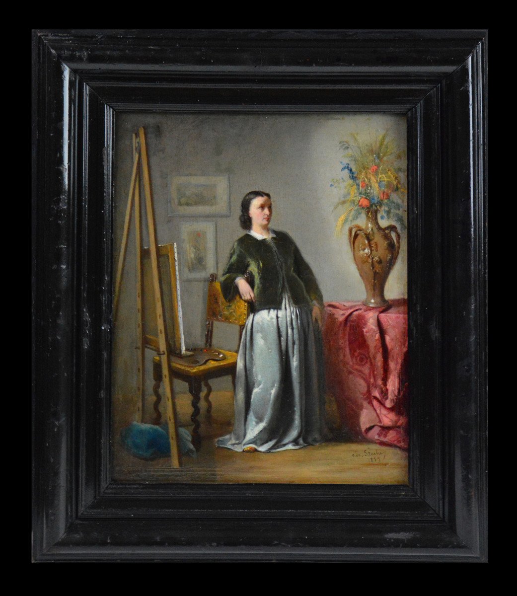 Adolphe Stache 1823-1862. École Belge. "Femme peintre dans son atelier."