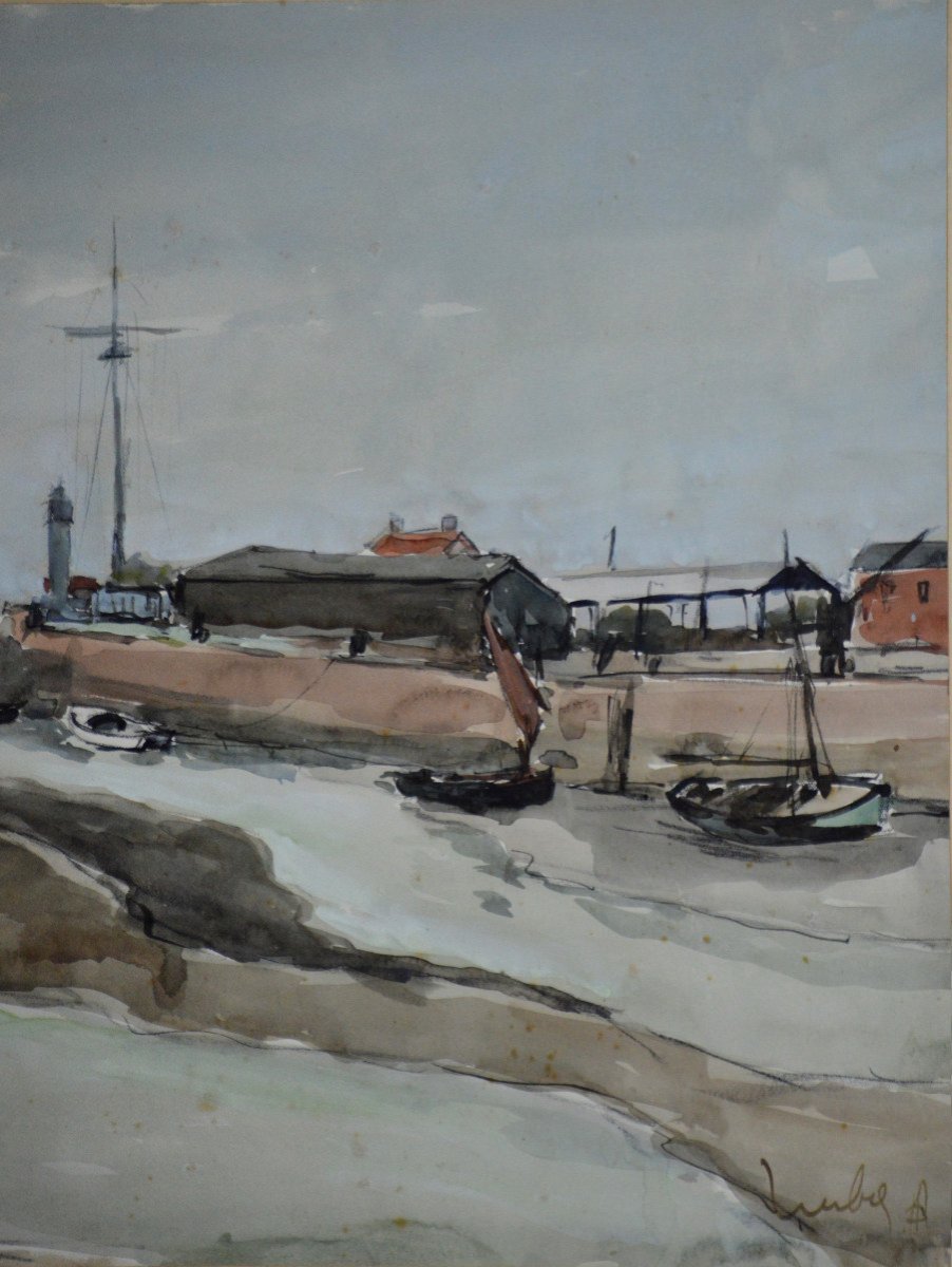 Fernand Herbo 1905-1995. "the Port Of Honfleur."-photo-3