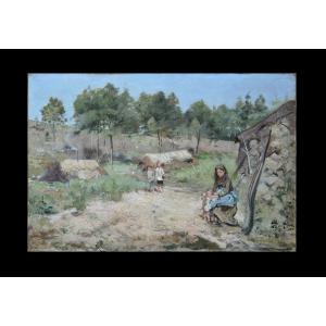 Paul-Léon Gagneau 1848-1910. "Charbonnière et ses enfants en forêt."
