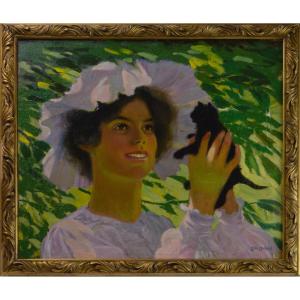Johan Elis åslund 1872-1956. Swedish School. "young Woman Holding A Kitten."