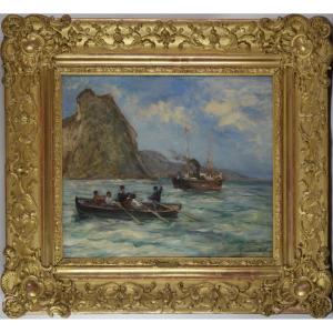 Gustave Henri Colin 1828-1910.  "La sortie d'un port avec un pilote sur la côte basque."