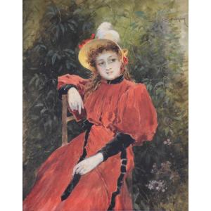 Octave Alfred Saunier (1842/43-1887/89). "Portrait de jeune fille à la robe rouge." 