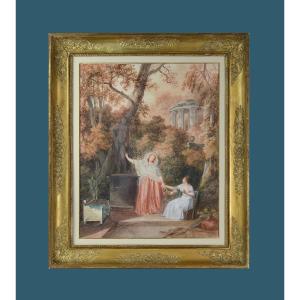 Jean-Baptiste Mallet 1759-1835. "Deux élégantes dans un parc - L'entremetteuse."