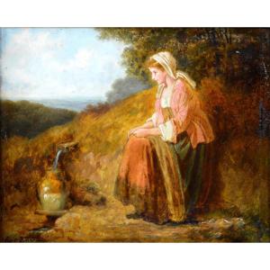 Eugène-François de Block 1812-1893. École Belge. " Jeune femme à la fontaine."