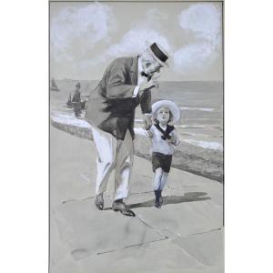 École Française vers 1900. “Promenade en bord de mer.”