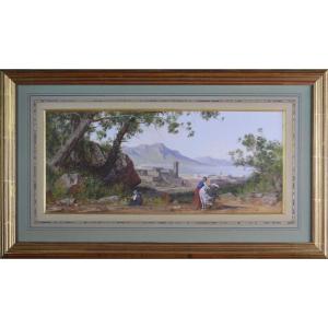 19th-century French Or Italian School. "view Of An Italian Lake."