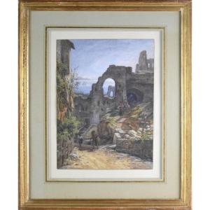 École Hollandaise XIXᵉ Siècle. "Vue de ruines à Cannes."