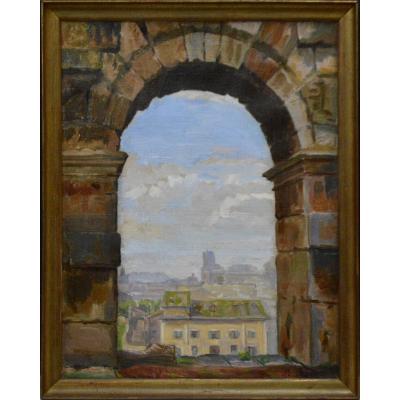 Marthe Carrier 1888-1974. "Vue de Rome à travers une arche du Colisée."