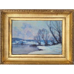 Narcisse Henocque, (1879 –1952) Les bords de seine enneigés