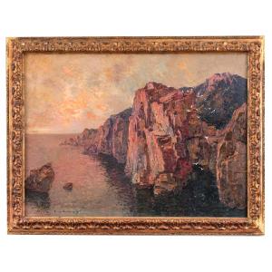 Cliffs -  Large Seascape By Eugène Deshayes (1862- 1939)