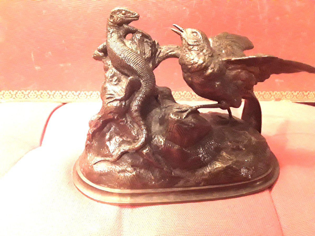 Moigniez Jules (1835-1895 ) Lézard Et Oiseau Bronze Fonte Du 19e Siecle