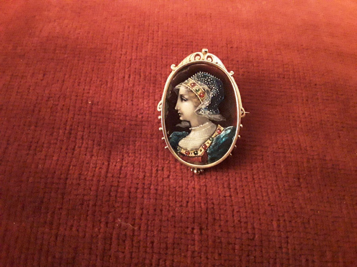 Broche En Or Et Email Portrait Femme De Profil Style Renaissance Poinçonné 