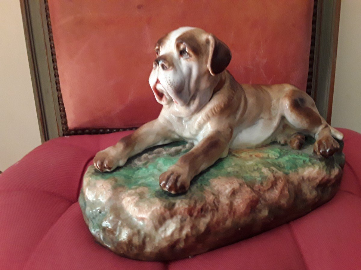 Meissen Figurine Chien Mastiff  En Porcelaine  Polychrome  Décor Au Naturel époque  19e Siècle 