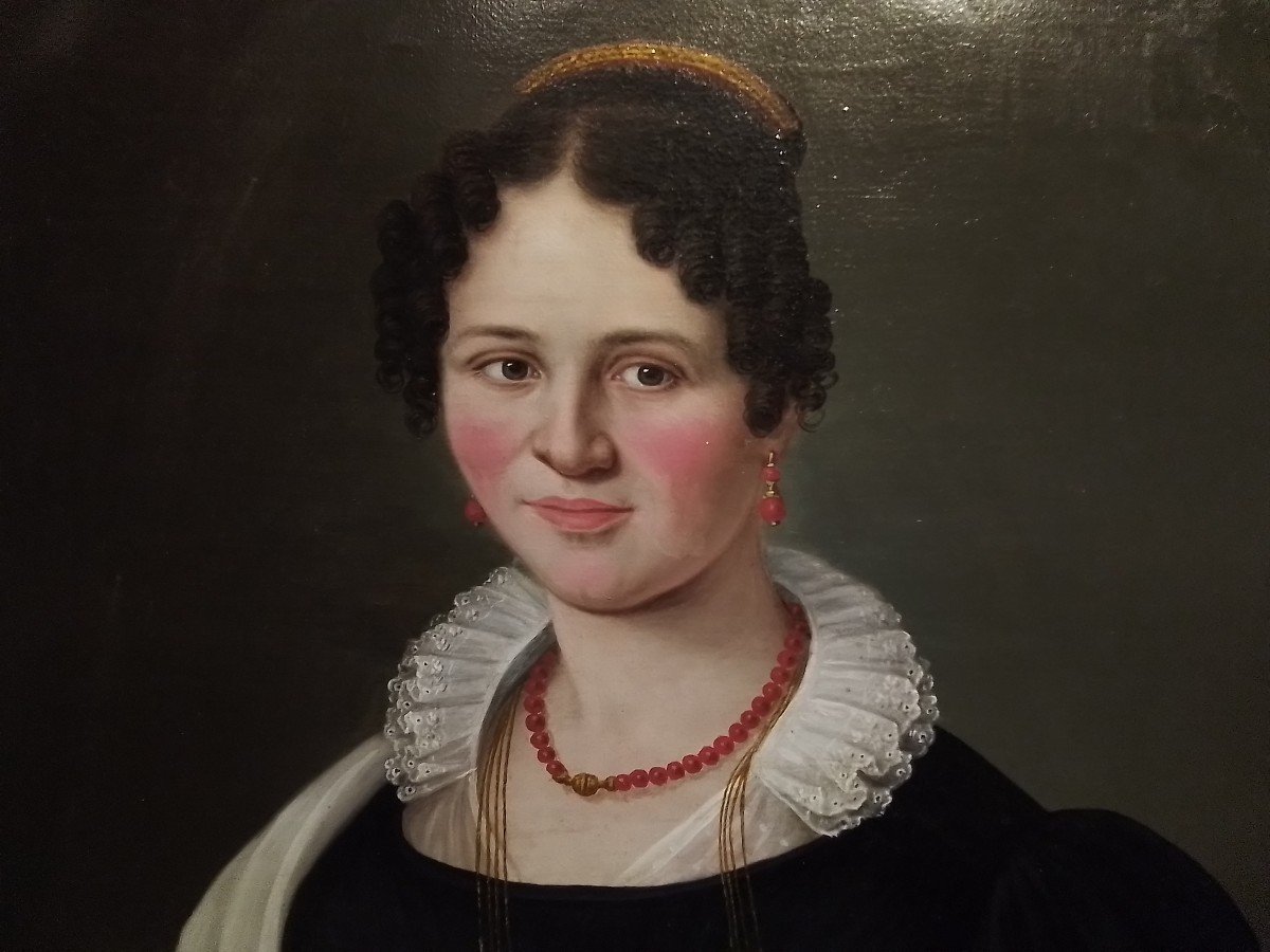 Portrait  De Femme Au Collier Rouge  époque Empire  Cadre d'Origine-photo-2