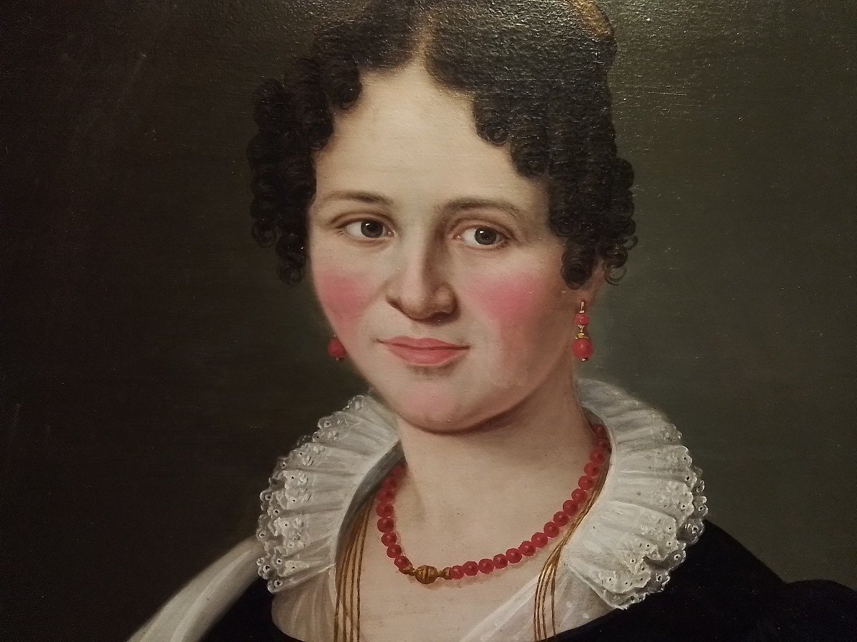 Portrait  De Femme Au Collier Rouge  époque Empire  Cadre d'Origine-photo-2