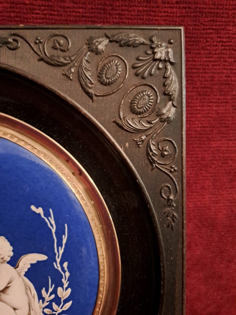 Painting On Grisaille Porcelain On A Celestial Blue Background Allegory Period End Of The 19th Century-photo-3