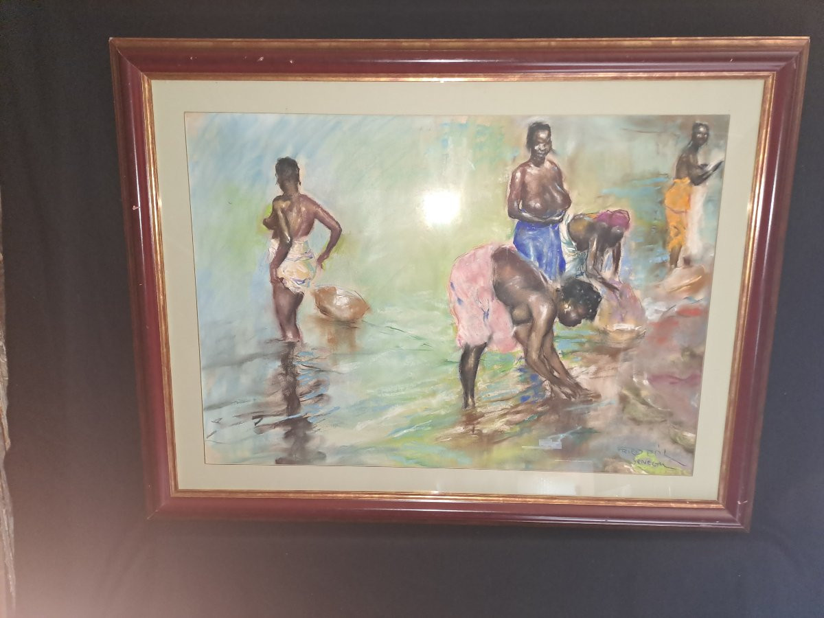 Fried Pal Women Bathing Senegal Watercolor Signed And Located -photo-2