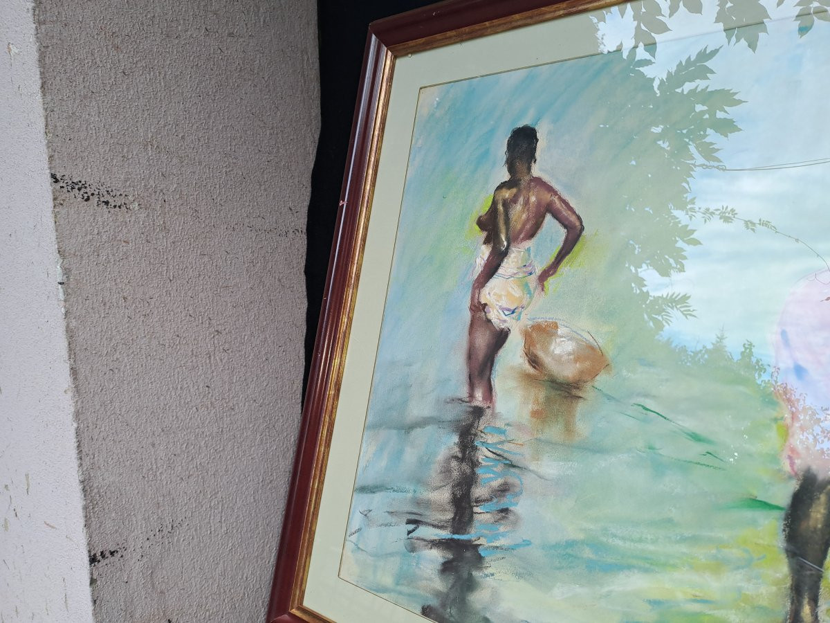 Fried Pal Women Bathing Senegal Watercolor Signed And Located -photo-1
