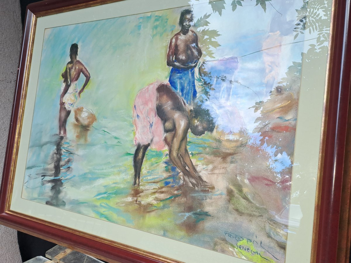 Fried Pal Women Bathing Senegal Watercolor Signed And Located -photo-2