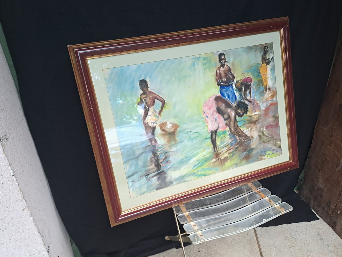 Fried Pal Women Bathing Senegal Watercolor Signed And Located -photo-3