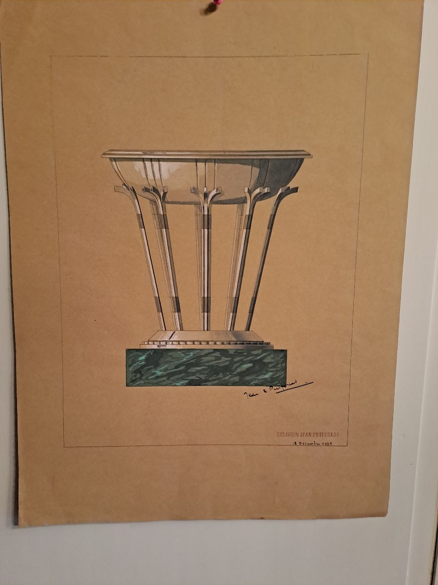 Jean  Puiforcat  dessin aquarelle et gouache  projet surtout de table signé  et date1925