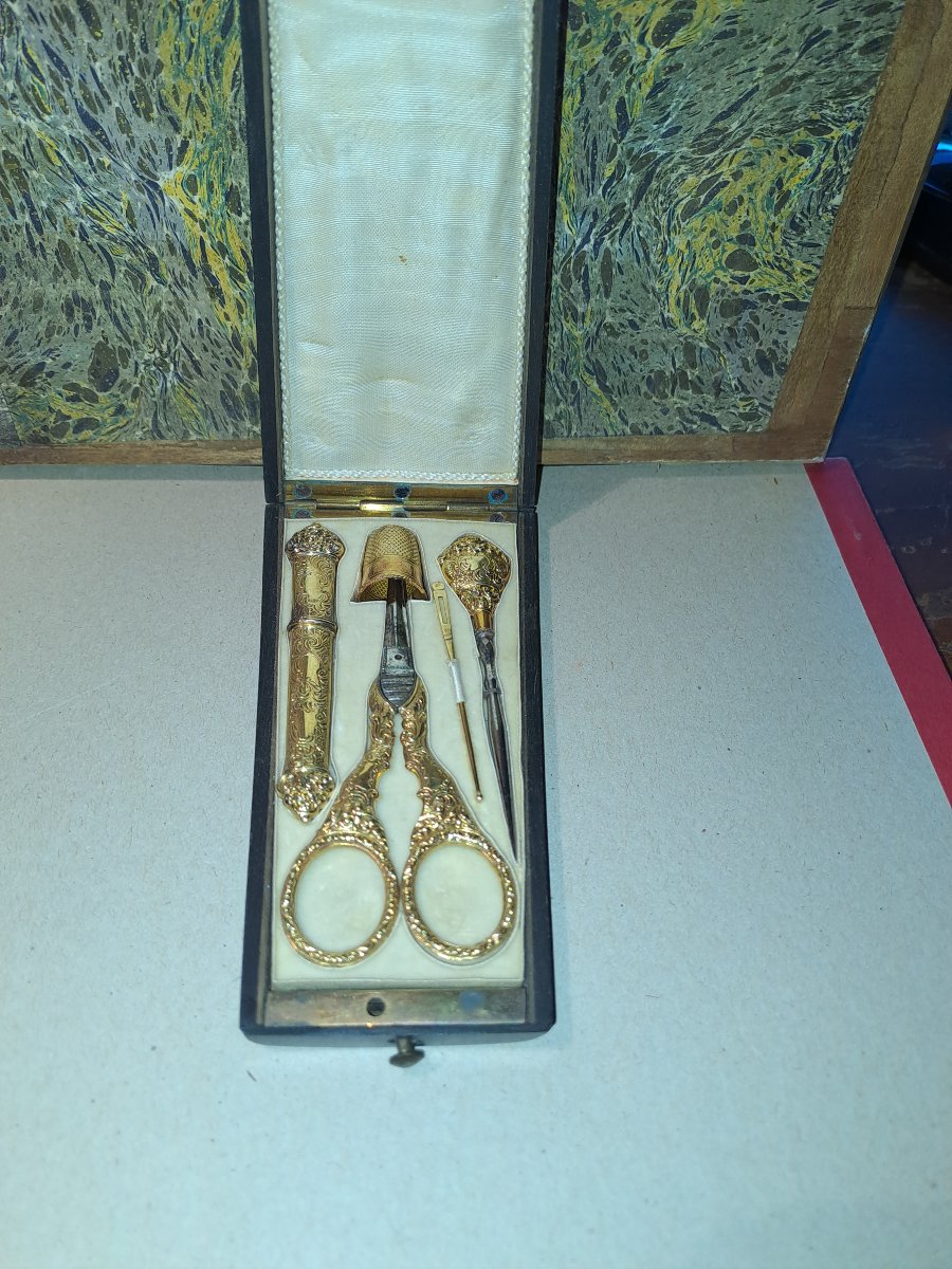 Complete 19th Century Gold Sewing Kit Box