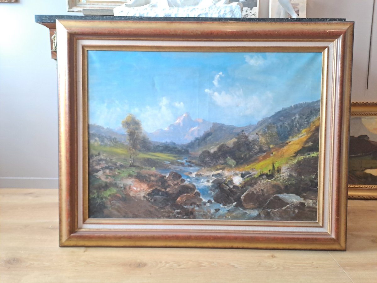 Paysage  de montagne  Alpes,Pyrénées  impotant tableau par Émile Godchaux 