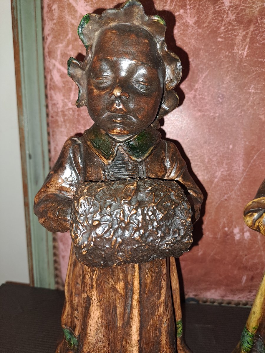 Goldsheider Friedrich  2 Signed, Polychrome Terracotta Figurines Of Girls  -photo-2