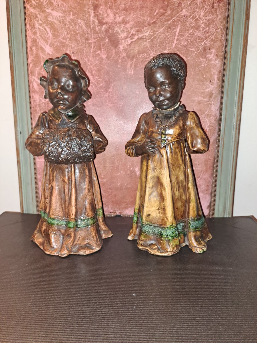 Goldsheider Friedrich  2 Signed, Polychrome Terracotta Figurines Of Girls  