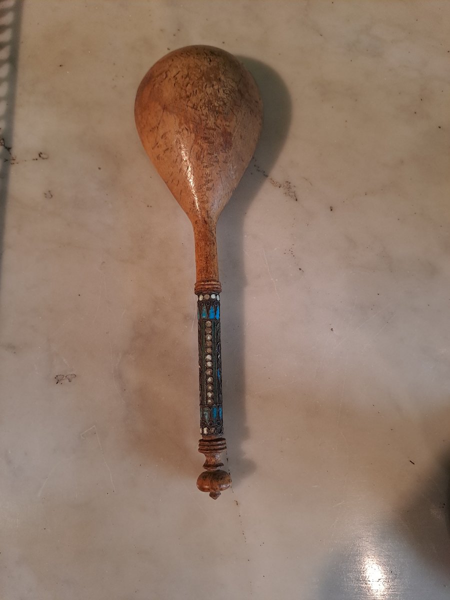 Russie cuillère  en bois de bouleau  de Carelie ,argent ,email polychrome  19e siècle -photo-2