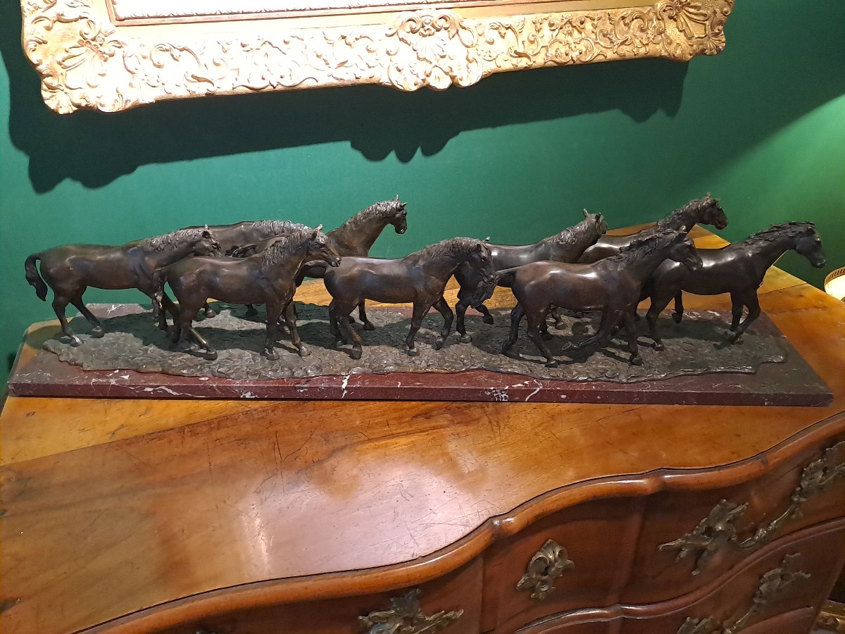 Leroy jean Francois  la harde" 9 chevaux " important  groupe en bronze  20e siecle -photo-3