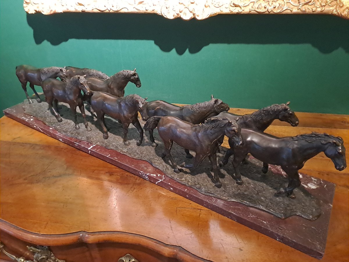 Leroy jean Francois  la harde" 9 chevaux " important  groupe en bronze  20e siecle -photo-4