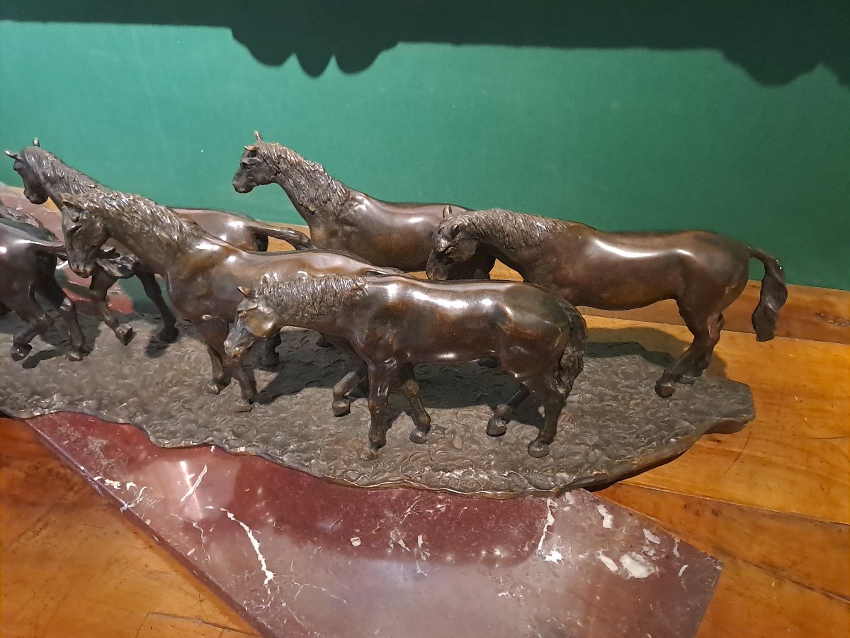 Leroy jean Francois  la harde" 9 chevaux " important  groupe en bronze  20e siecle -photo-1
