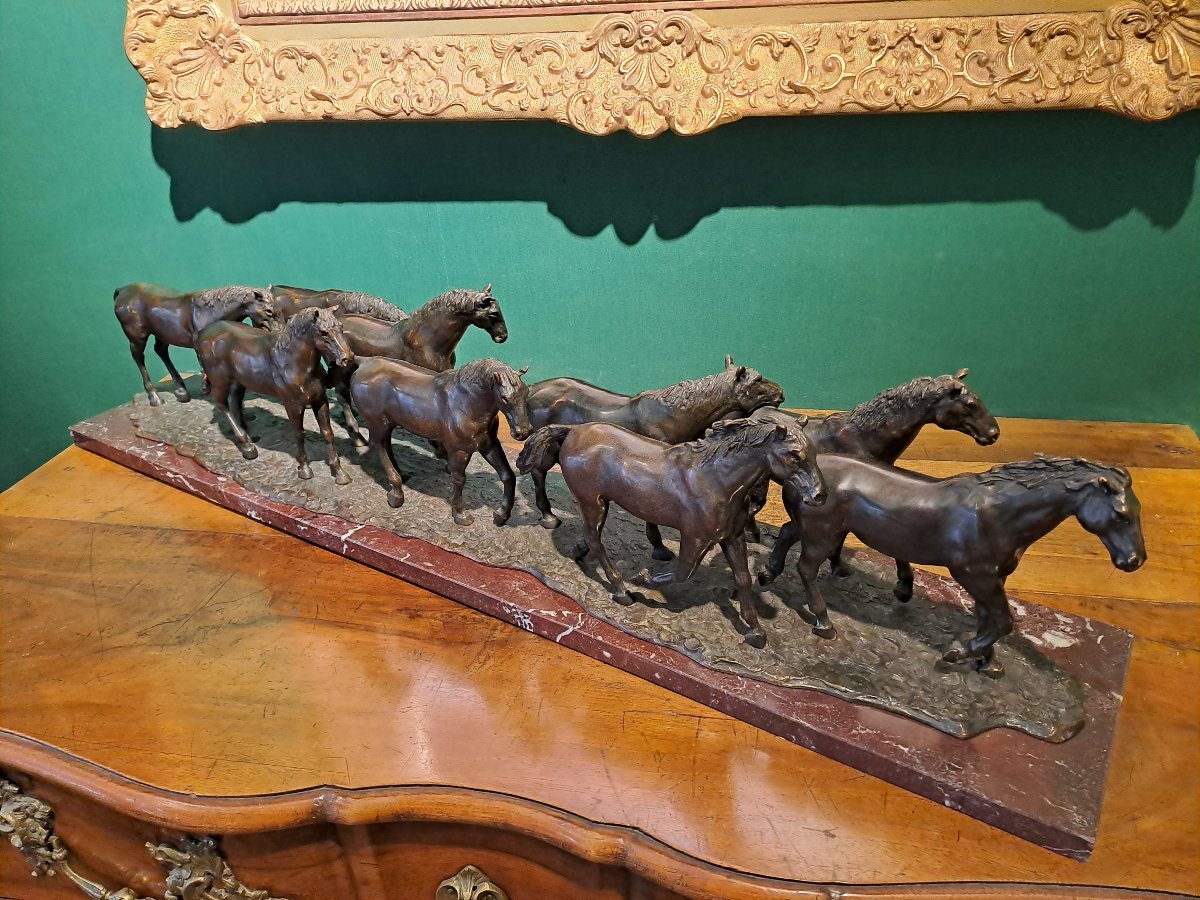 Leroy jean Francois  la harde" 9 chevaux " important  groupe en bronze  20e siecle 