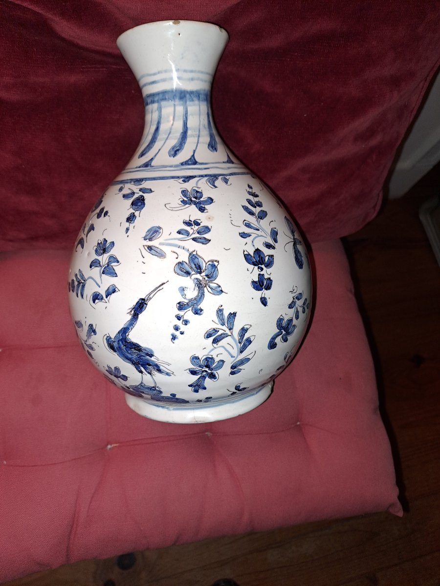 Nevers Earthenware Vase Or Bottle Decorated With A Bird, Lioness, Crab, Or Scorpion; 18th Century-photo-3