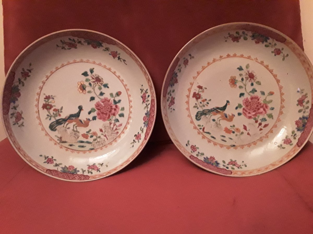 Chine Paire De Plats Creux Pour La Compagnie Des Indes époque 18e Siècle Décor Famille Rose