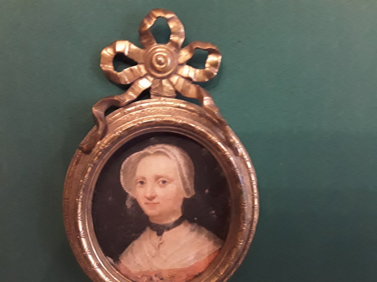 Portrrait Of Woman Oil On Copper, Bronze Frame 18th Century-photo-2