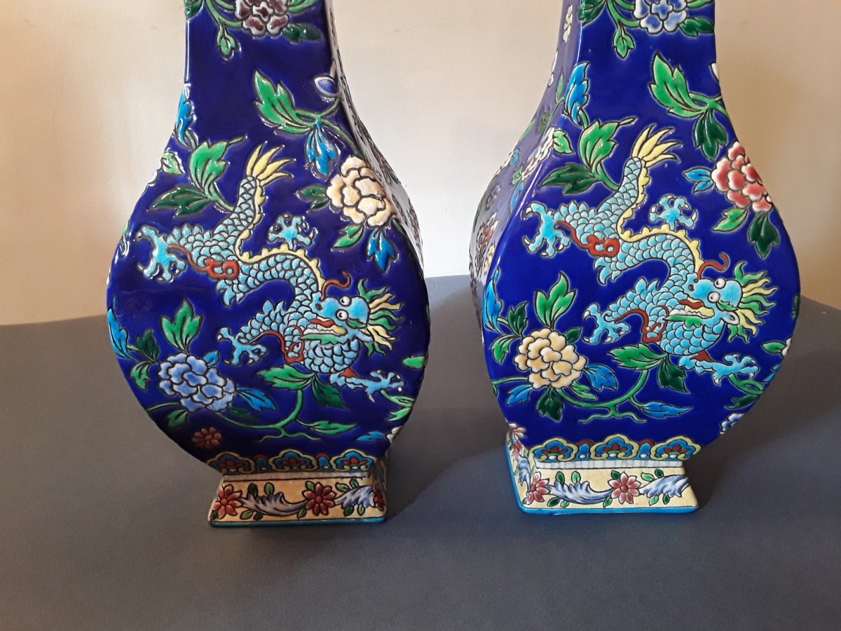 Gien Rare Paire De Vases Décor  Au Dragon Style Chinois Forme Carrée -photo-2