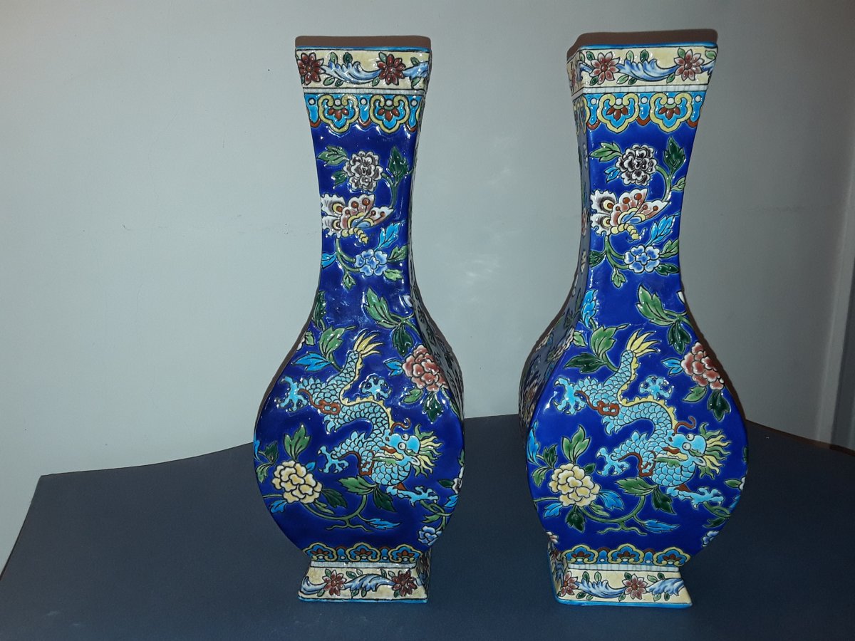 Gien Rare Paire De Vases Décor  Au Dragon Style Chinois Forme Carrée 