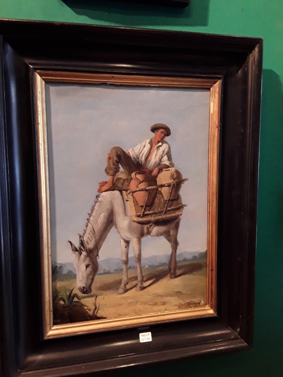 19th Century French School Young Peasant On His Mule Oil On Marouflée Paper