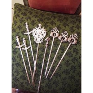 Hatelets Picks For Terrines And Dishes Silver Metal Late 19th Century 8 Pieces