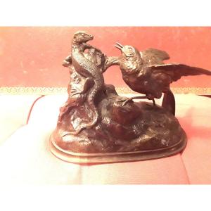 Moigniez Jules (1835-1895 ) Lézard Et Oiseau Bronze Fonte Du 19e Siecle