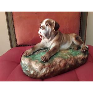 Meissen Figurine Chien Mastiff  En Porcelaine  Polychrome  Décor Au Naturel époque  19e Siècle 